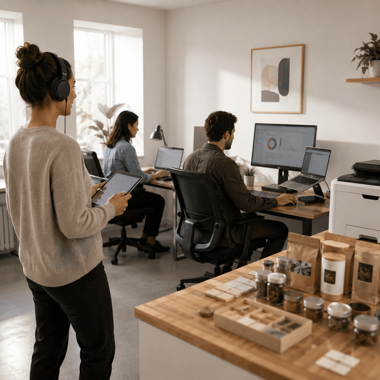 A small team working together with laptops and tablets in a welcoming space