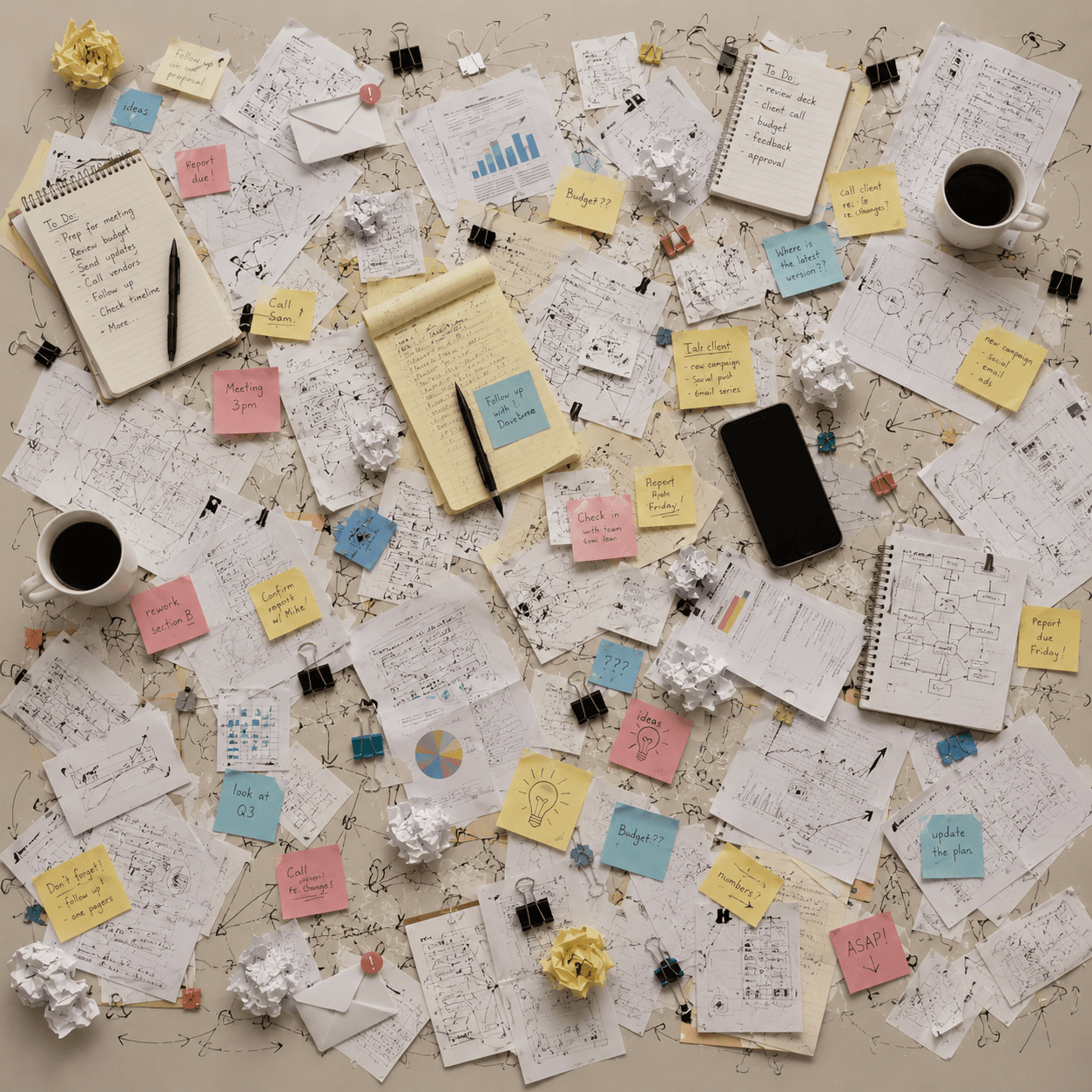 A busy workspace with notes, papers, a tablet, and planning materials
