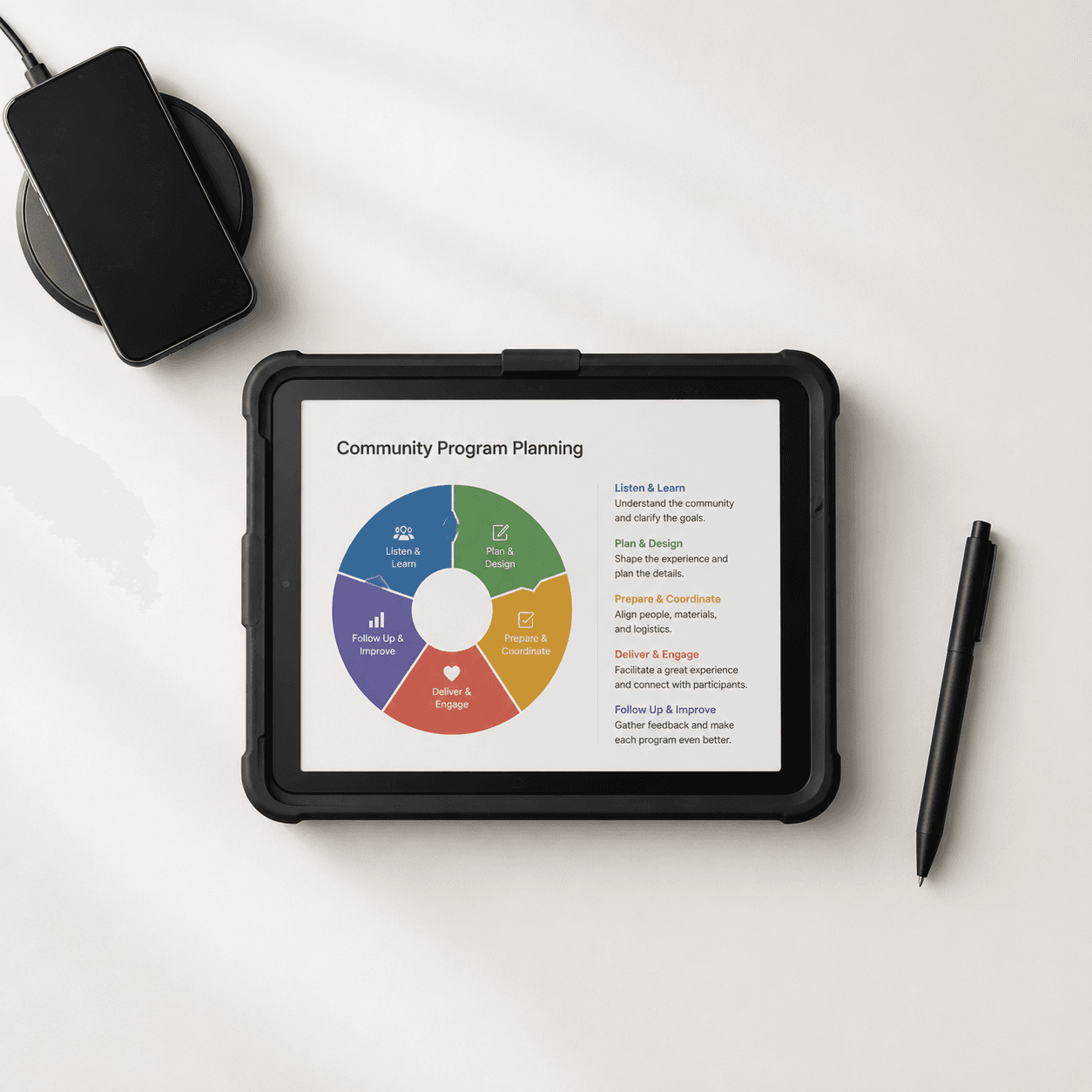 A tablet showing a clear planning workflow on a tidy work surface